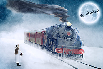 Christmas, Holiday, Child, Moon, Reindeer, Santa, Sled, Train HD wallpaper