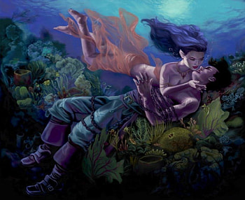 SAVING KISS, seaweeds, , girl, beauty, chain, fantasy, boy, abstract, love, saving, underwater, kiss, corals, ocean HD wallpaper