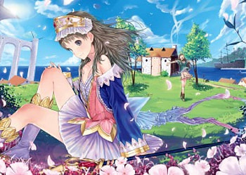 Alchemist of Arland, blue, headband, cute, long hair, dress, beauty, lady, beautuiful, petals, trees, water, ocean, female, sweet, white, art, grass, woman, pink, hose, anime, pretty, field, green, clouds, sky, girls, flowers, lovely HD wallpaper