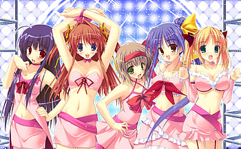 (kawaiiii) multiple girls (kawaiiii), sakurai momoka, serizawa ayano, purple hair, bare shoulders, purple eyes, ponytail, short hair, blonde hair, loli, navel, blue eyes, amane sou, kawai, blue hair, pink dress, anime, wide , brown hair, 5 girls, hair ribbon, green eyes, asakura misaki, red hair, red eyes, yuki usagi, dress, long hair, looking at viewer, inagaki miiko, twintails, saeki kana, hairband, brown eyes, arms up, ayanokouji sayaka, multiple girls, girls, blush, idol HD wallpaper