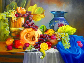 Still life, plenty, colorful, peach, vegetables, nice, melon, appricot, painting, lemon, yummy, plum, art, berries, beautiful, fruits, leaves, pretty, grape, lovely HD wallpaper