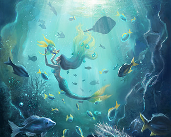 Mermaid, pesti, fish, water, siren, blue, girl, summer, anastasia evgrafova, fantasy, luminos, vara HD wallpaper