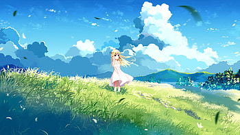 Landscape, blonde, anime girl, cute HD wallpaper