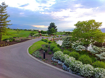 Garden at dusk, golf, trees, garden, flowers, grass, dusk HD wallpaper