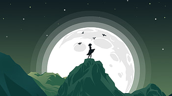 Girl Mountain Top Birds Flying Around Her Minimalist, minimalist, minimalism, artist, artwork, digital-art, moon, birds, behance HD wallpaper