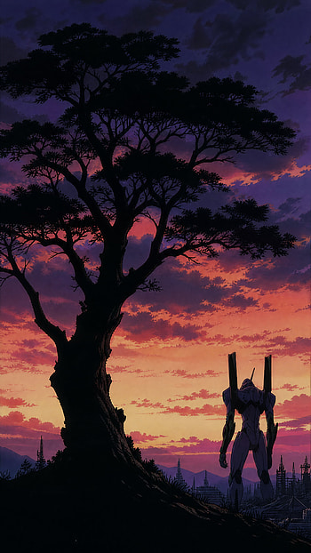 Sunset Sentinel | Twilight Mecha | Solitude at Dusk | Neon Dusk Guardian | Tree & Titan, Silhouette HD phone wallpaper