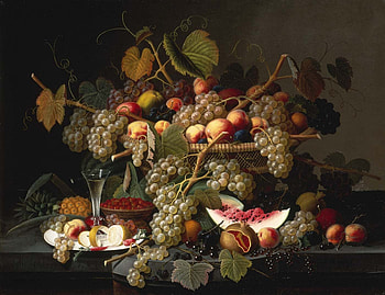 Vineyard Arrangement Still Life, grapes, pineapple, basket, leaves, abstract, limbs, peaches, glass, watermellon, wine, nectarines HD wallpaper
