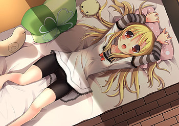 rest in the bed ;D, white, bed, ribbon, eyes, black shorts, cute, girl, rest, green, blonde hair HD wallpaper