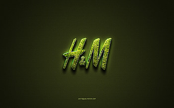 HM logo, green creative logo, floral art logo, HM emblem, green carbon fiber texture, HM, creative art HD wallpaper