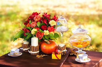 Autumn Beauty, table, cinnamon sticks, ribbon, autumn leaves, grass, gift, still life, pumpkin, autumn, flowers, tea cup, candles, romantic, saucer HD wallpaper