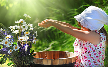 Flowers, Water, Miscellanea, Miscellaneous, Girl, Child, Bucket HD wallpaper
