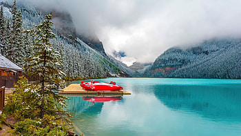 Red and white boat with trailer, beautiful, mountain, lake, tranquility, winter, serenity, mist, reflection, snow, boats, trees, clouds, forest HD wallpaper