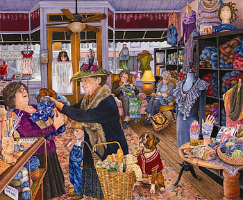 The Yarn Shop, dog, susan brabeau, woman, painting, pictura, funny, luminos, child HD wallpaper