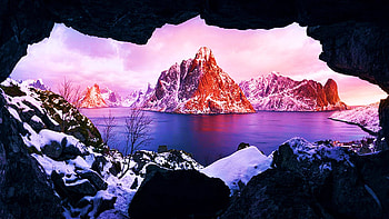 Arctic Cave, Lofoten Islands, Norway, snow, sea, scandinavia, clouds, sky, rocks, mountains HD wallpaper