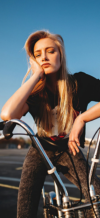 Jeans-clad girl, , Bike ride, backgrounds HD phone wallpaper
