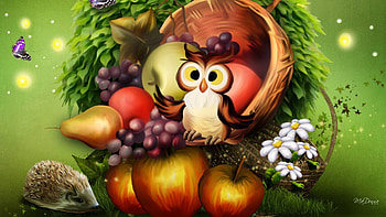 Harvest Fairy Tale, fall, cute, gapes, pears, owl, summer, leaves, apples, butterfly, fruit, autumn, flowers, whimsical, harvest HD wallpaper