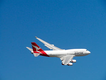 Qantas Boeing 747 captured mid-flight against a clear blue sky, symbolizing aviation and travel. HD wallpaper