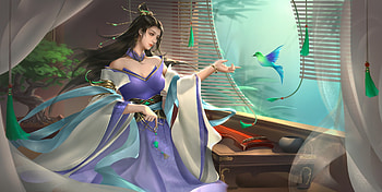 Fantasy girl, blue, frumusete, bird, fantasy, green, luminos, pasari, tang xing HD wallpaper