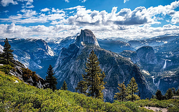 A dramatic sky at Glacier point, Half Dome, Yosemite Valley, California, trees, clouds, landscape, mountains, usa HD wallpaper