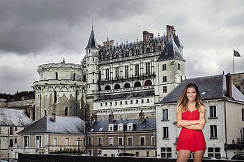 Katherina visiting Chateau d'Amboise, France, dress, france, brunette, chateau, model HD wallpaper