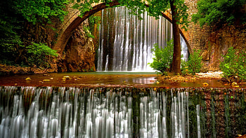 Palaiokaria Waterfalls, Greece, bridge, cascades, river, forest, trees HD wallpaper