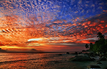 Burning sky for my precious Dandelion, blue, colorful, colors, wonderful, beauty, amazing, water, ocean, sunset, sea, magic, rocks, stone, clouds, nature, sky, fire HD wallpaper