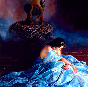 Waiting you in blue, night, waiting, blue dress, beautiful, misty, lovely, female HD wallpaper