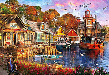 Harbor Evening, artwork, lighthouse, painting, boats, seagulls, houses, water HD wallpaper