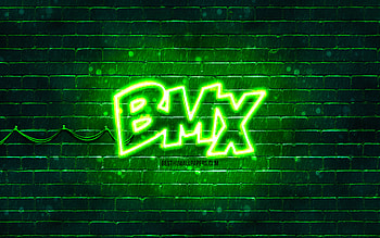 BMX green logo, , green brickwall, BMX logo, brands, BMX neon logo, BMX HD wallpaper