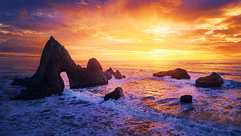 Poseidon's Gate, Half Moon Bay, California, sky, sunset, usa, coast, colors, rocks HD wallpaper