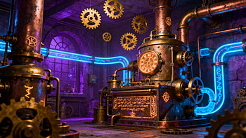 Steampunk Arcane Engine Room —, Fantasy, Steam Train, Gear, Pipe HD wallpaper