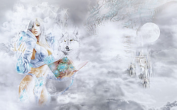 White mage, sorceress, castel, spell, mage, white, book, dragon, wolf HD wallpaper