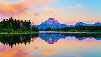 Purple Mountain Majesty, Wyoming, clouds, trees, sky, water, reflections HD wallpaper
