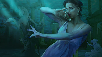Scared girl, blue, horse, fantasy, art, green, girl, dark, iro pagis HD wallpaper