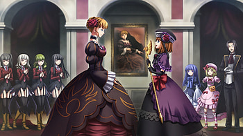 Umineko no Naku Koro ni, satan, lucifer, red eyes, red hair, frederica bernkastel, long hair, dress, purple eyes, cg, leviathan, group, short hair, blonde hair, hat, blue hair, black hair, ronove, belphegor, anime, eva-beatrice, beatrice, monocle, white hair, lambdadelta HD wallpaper