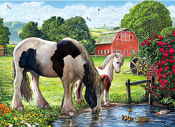 Hadlow Creicket Mare, horse, barn, painting, trees, foal, meadow, pond HD wallpaper