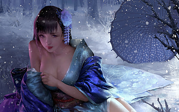 Beauty, winter, blue, night, kimono, frumusete, white, asian, mountain huang, gorgeous, parasol, girl, superb, fantasy, iarna, snow, luminos HD wallpaper