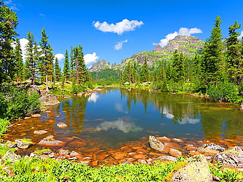 Small blue lake, blue, small, water, lake, stones, mountain HD wallpaper