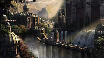 Building, Fantasy, City, Water, Waterfall HD wallpaper