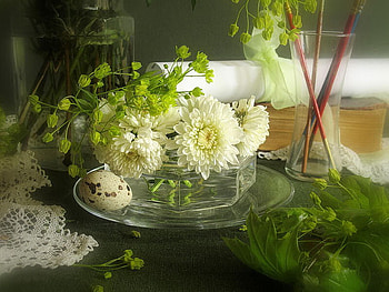 Chrysanthemums, egg, white, lace, paper, brushes, dlasses, book, pretty, glass, greenery, nature, flowers, spotted egg, bowl HD wallpaper