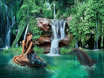 Mermaid in Paradise, mermaid, fantasy, waterfall, girl, dolphin HD wallpaper