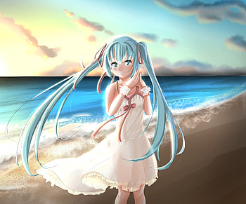 Outdoor, seashore, Hatsune Miku, anime girl HD wallpaper