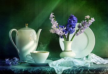 Spring Table, table, vase, lace scarf, cup, hyacinths, still life, plate, flowers, saucer, teapot HD wallpaper