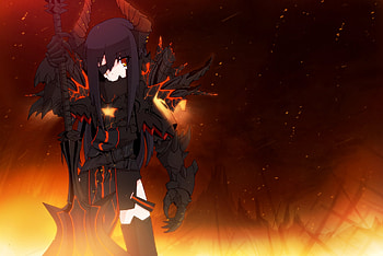 Madness!, staff, awesome, magma, cute, lava, inferno, beauty, badass, eye patch, gold eyes, claw, short hair, wicked, blaze, warrior, sexy, sword, horns, armour, thigh highs, hot, beautiful, black hair, armor, blade, anime girl, cool, fighter, fire, spear HD wallpaper