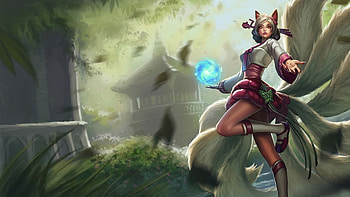 Ahri, fantasy, league of legends, game, nine tailes, girl, fox HD wallpaper