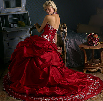 Red dress, red, beautiful, flowers, dress, woman HD wallpaper