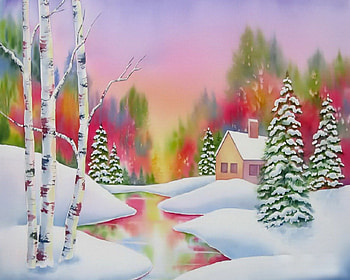 Colorful Winter Day, winter, snow, trees, colors, cabin, pond HD wallpaper