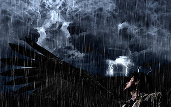 Castiel at rainy darkness, rain, guardian, angel, actors, Supernatural, darkness, misha collins, clouds, Castiel HD wallpaper