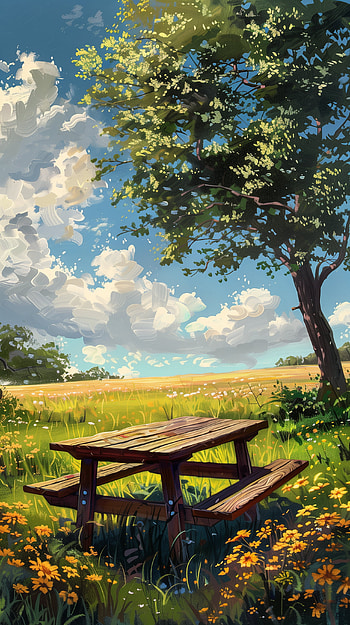 Idyllic Picnic Table Scenery, picnic table HD phone wallpaper