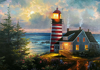 Night Light, artwork, sea, lighthouse, painting, clouds, trees, cottage, sky HD wallpaper